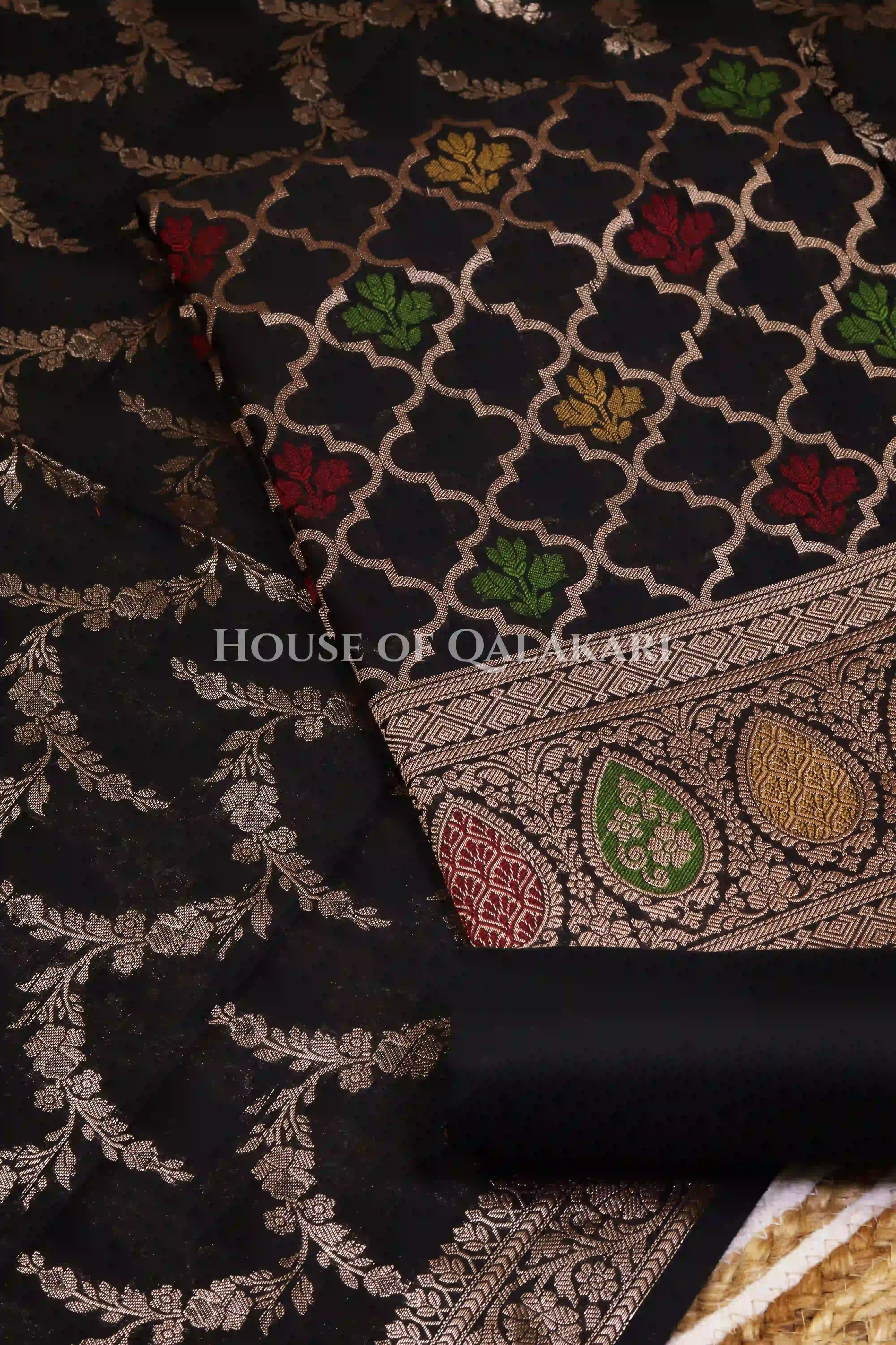 Banarasi Chanderi Cotton Unstitched Dress Material in Black and with matching floral vine jaal dupatta – product