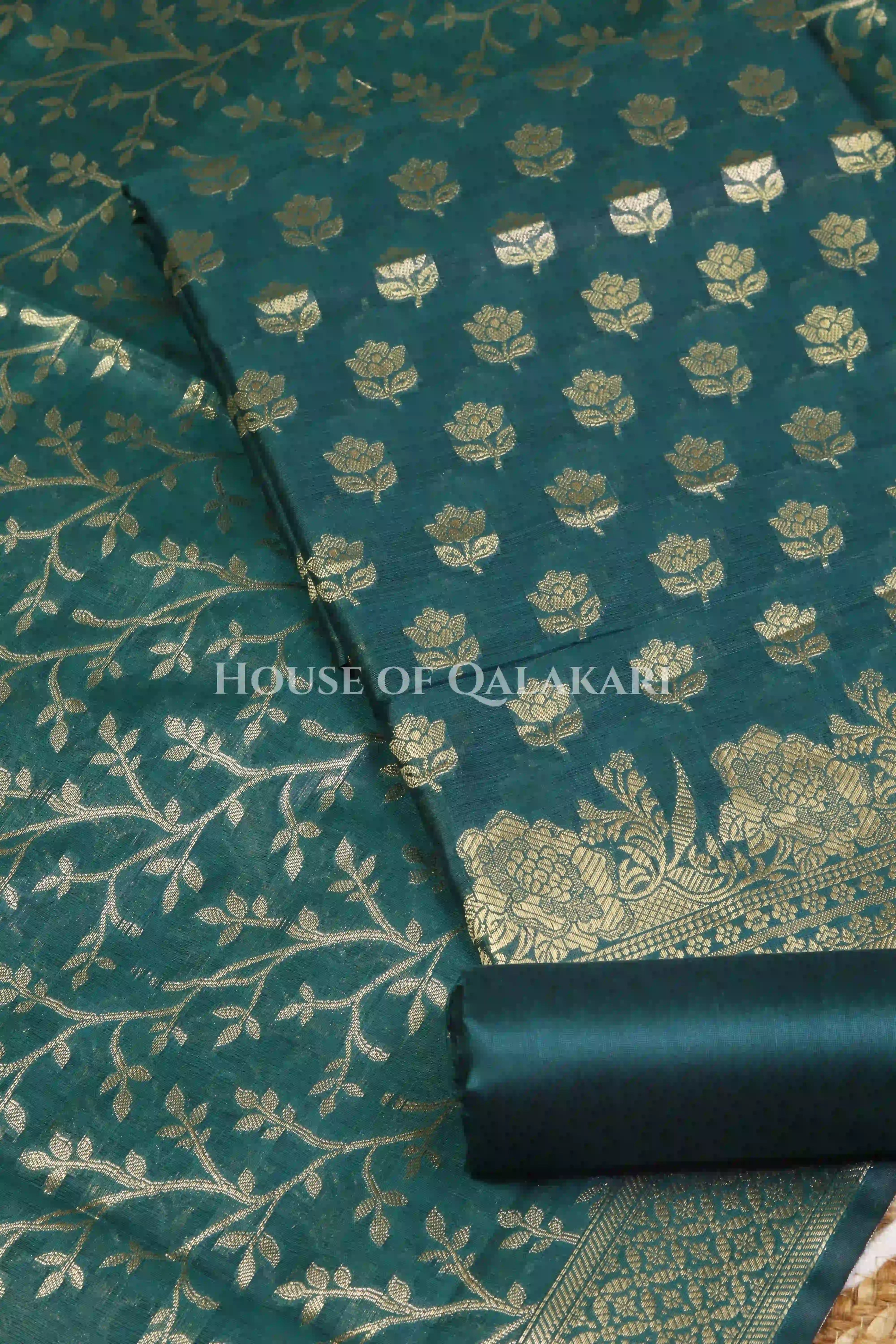 Banarasi Cotton Silk blend Unstitched Dress Material in Deep Teal Green and with matching floral vine jaal dupatta – product