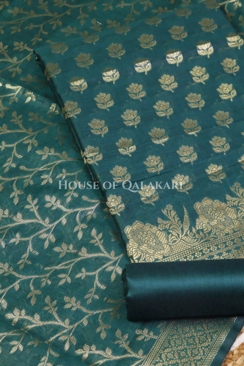 Banarasi Cotton Silk blend Unstitched Dress Material in Deep Teal Green and with matching floral vine jaal dupatta – product