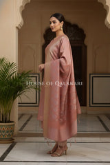 Banarasi Chanderi Cotton Unstitched Dress Material in Copper rose and with matching floral vine jaal dupatta – side pose