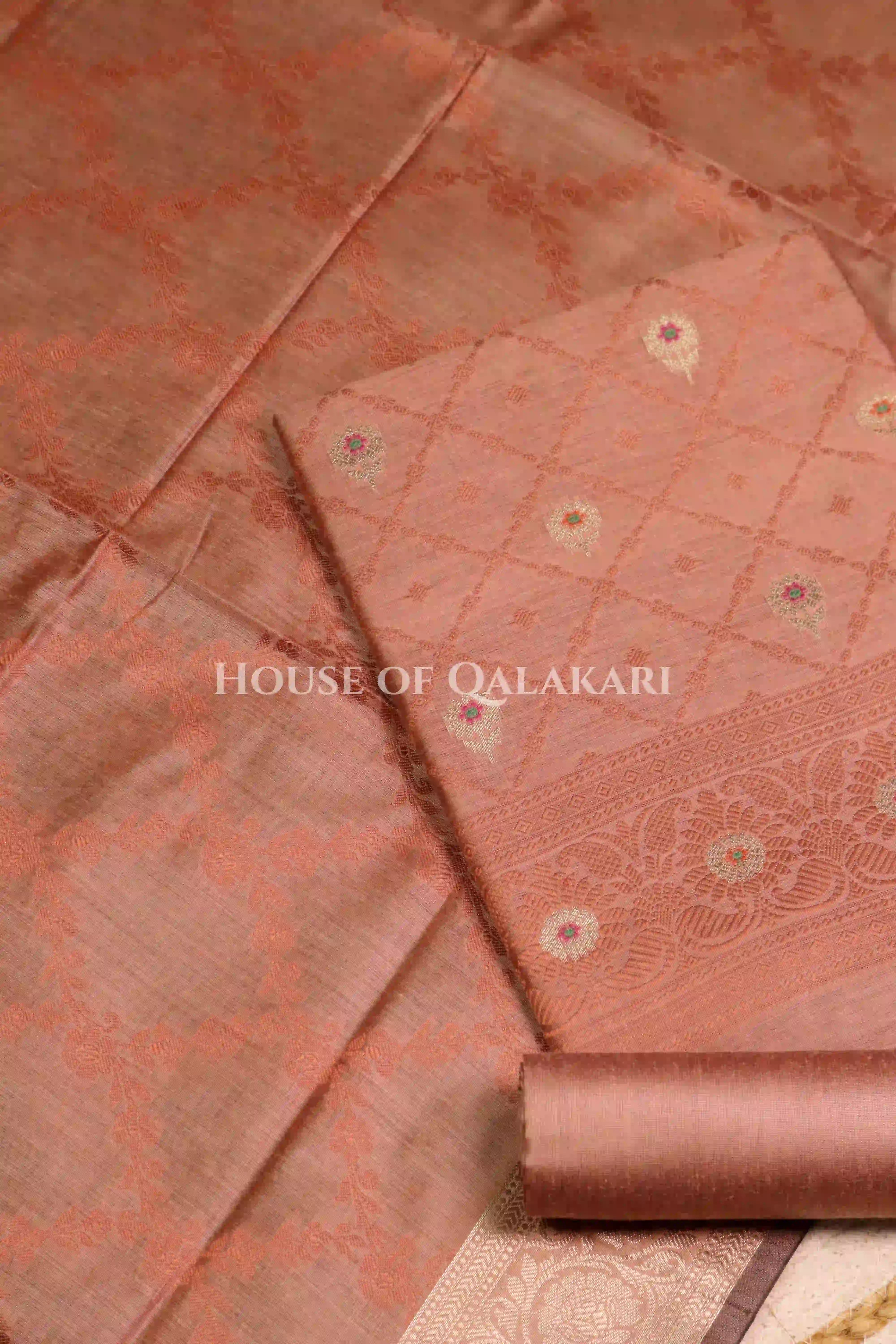 Banarasi Unstitched Dress Material in Brown Rust diamond Chokdi resham work kurta and zari border – product