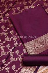 Banarasi Unstitched Dress Material in Velvet Maroon plain kurta and zari border along with floral zari jaal dupatta – product