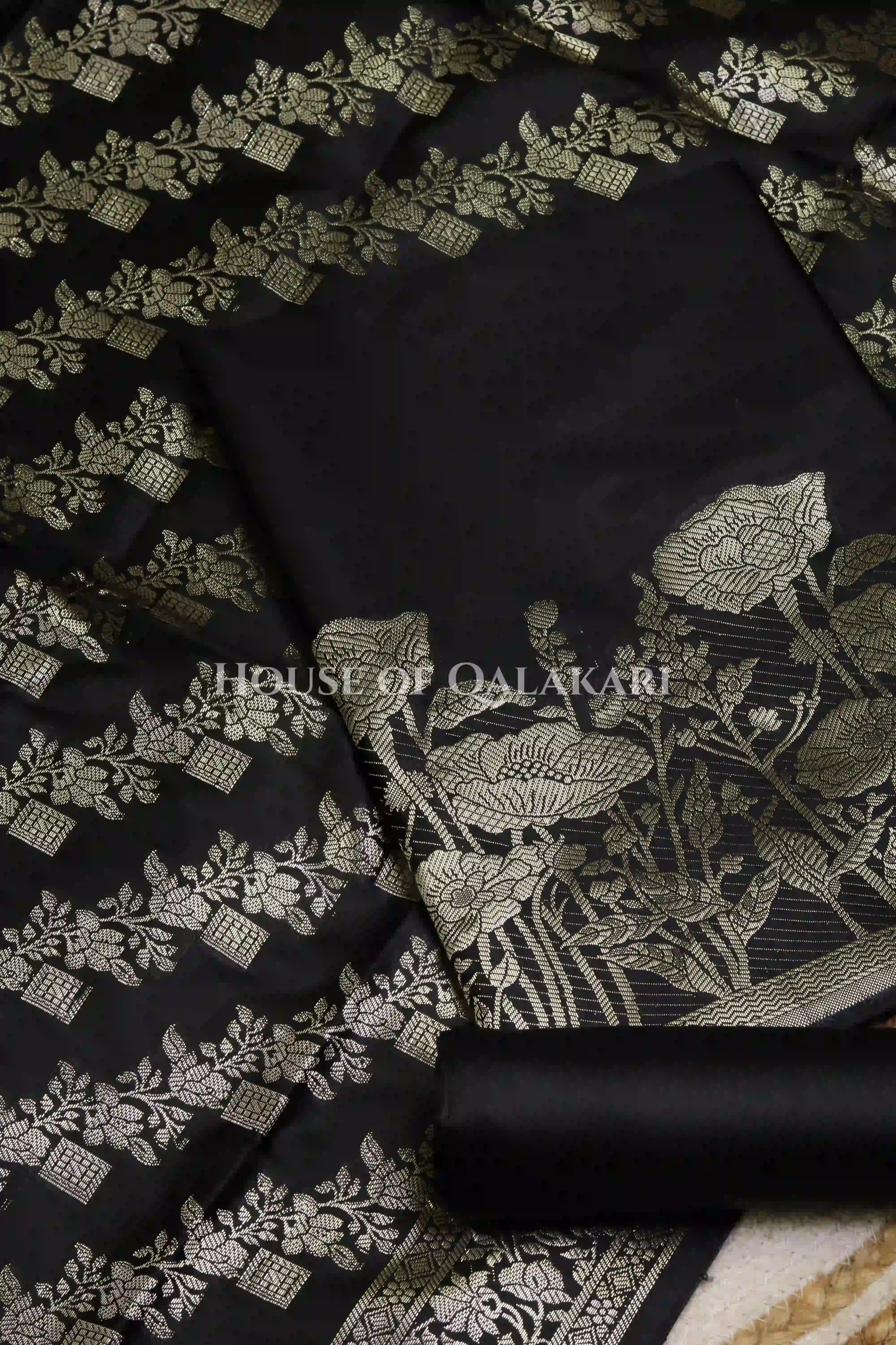 Banarasi silk Unstitched Dress Material in Black and with lotus floral border and diagonal striped zari work dupatta – product
