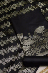 Banarasi silk Unstitched Dress Material in Black and with lotus floral border and diagonal striped zari work dupatta – product