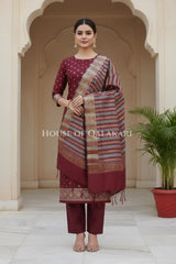Banarasi Cotton Silk blend Unstitched Dress Material in Maroon Oak and with gol buti( Polka dots) inspired work – front pose