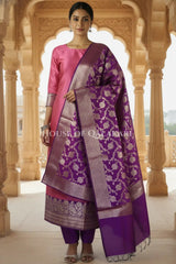 Banarasi silk Unstitched Dress Material in Rose Pink and Dark Purple contrast with Intricate Zari Buti – front pose