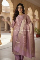Banarasi Cotton Silk blend Unstitched Dress Material in Rose Pink colour with Intricate Zari Diamond Buti – festive pose