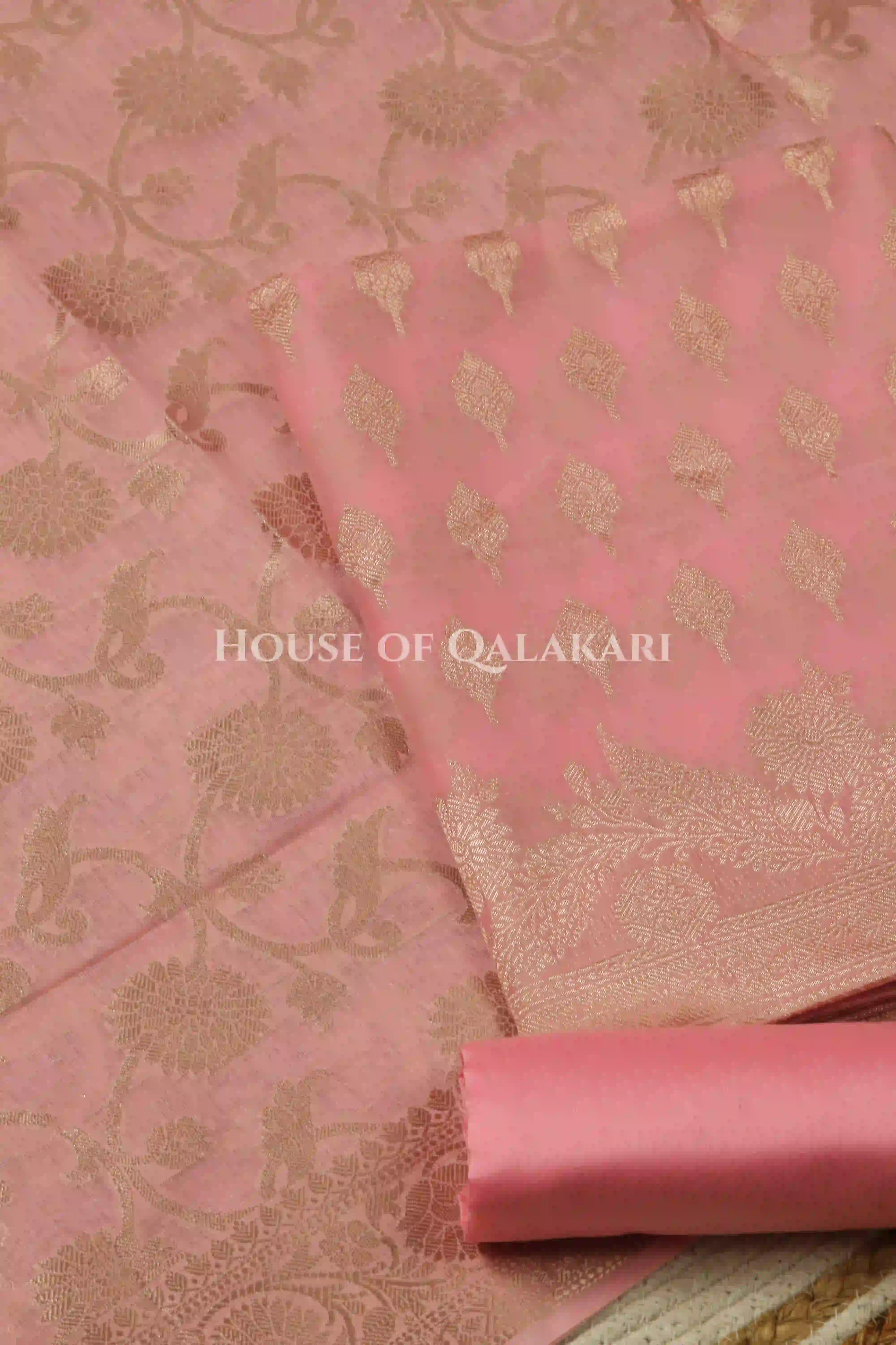 Banarasi Chanderi Cotton Unstitched Dress Material in Blush Pink with intricate Zari Buti work – product