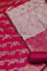 Banarasi Silk Unstitched Dress Material in Light Purple and rani pink contrast with Intricate Zari Buti – product