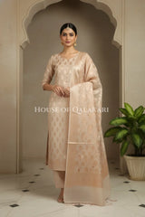 Banarasi Chanderi Cotton Unstitched Dress Material in Champagne beige with intricate Zari Buti work – festive