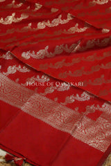 Banarasi Silk Unstitched Dress Material in Rose Pink and Red contrast with Intricate Zari Buti – dupatta