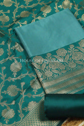 Banarasi silk Unstitched Dress Material in sky blue and blue contrast with Intricate Zari Buti – product