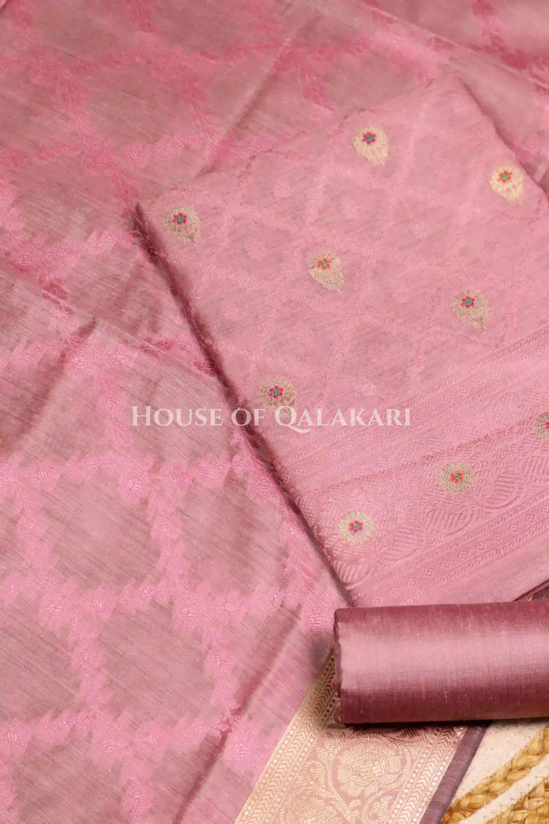 Banarasi Unstitched Dress Material in Dusky Rose diamond Chokdi resham work kurta and zari border – product