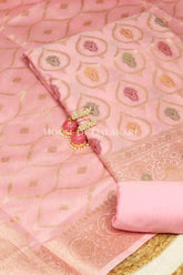 Pastel pink Banarasi Chanderi Cotton Unstitched Dress Material with Zari Work – product
