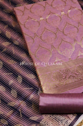 Banarasi Cotton Silk blend Unstitched Dress Material in Dusky Rose and with contrast Navy Blue-Dusky Rose striped dupatta – product