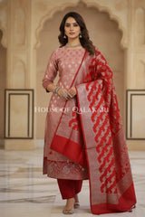 Banarasi Silk Unstitched Dress Material in Rose Pink and Red contrast with Intricate Zari Buti – dramatic pose