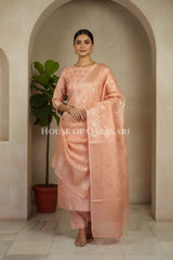 Banarasi Chanderi Cotton Unstitched Dress Material in Peach Pink with intricate Zari Buti work – front pose