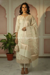 Banarasi Chanderi Cotton Unstitched Dress Material in Cream with intricate Zari Buti work – festive