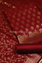 Banarasi Cotton Silk blend Unstitched Dress Material in Red and with matching floral vine jaal dupatta – product