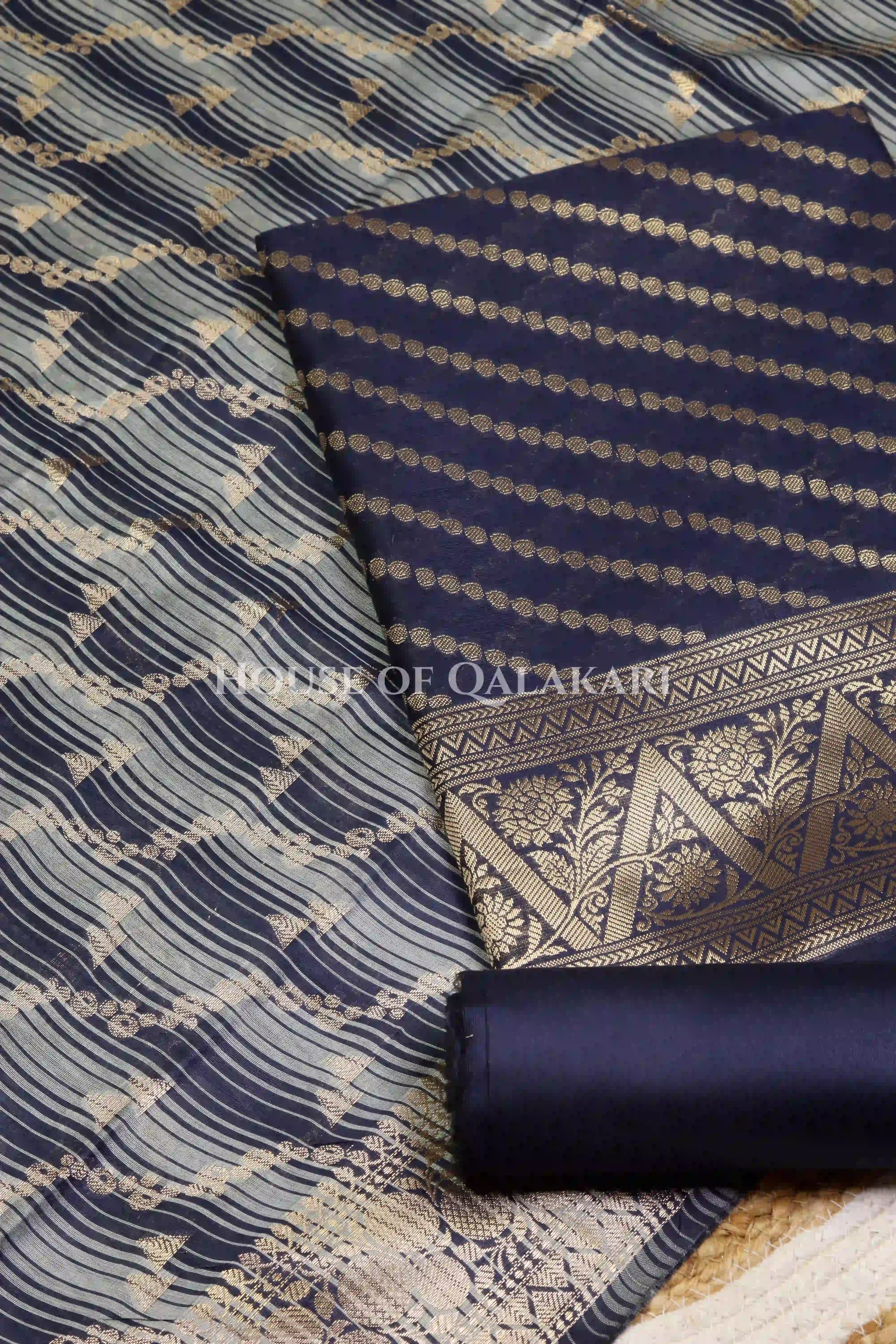 Banarasi Cotton Silk blend Unstitched Dress Material in midnight navy blue and with Bandhani-Leheriya inspired work – product