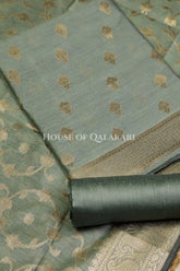 Banarasi Cotton Silk blend Unstitched Dress Material in Antique Aqua green colour with Intricate Zari Diamond Buti – product