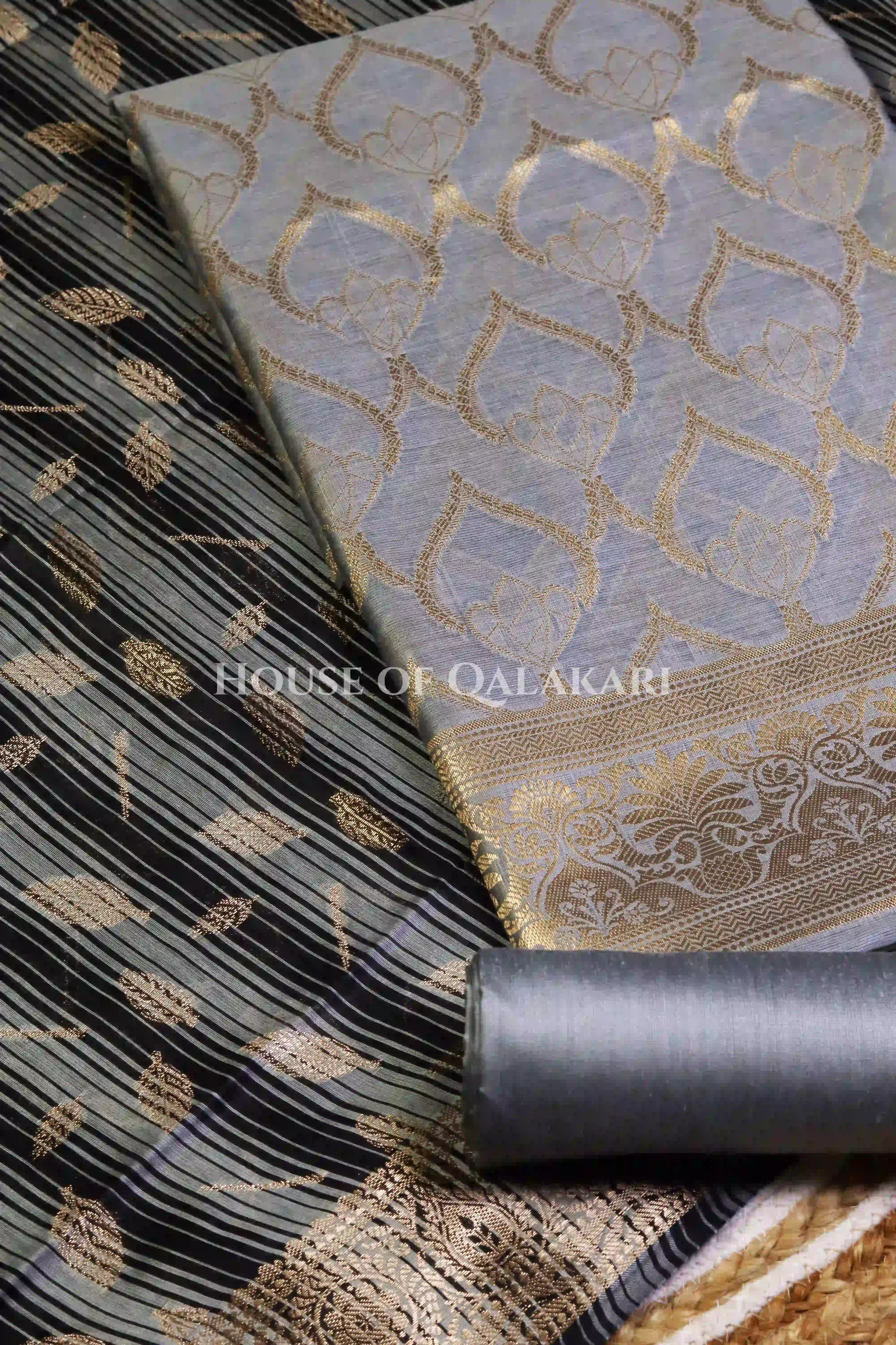 Banarasi Cotton Silk blend Unstitched Dress Material in Grey and with contrast Black-Grey striped dupatta – product