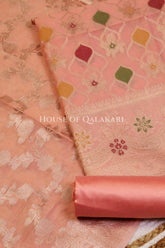 Banarasi Chanderi Cotton Unstitched Dress Material in Peach and with matching zari floral jaal dupatta – product