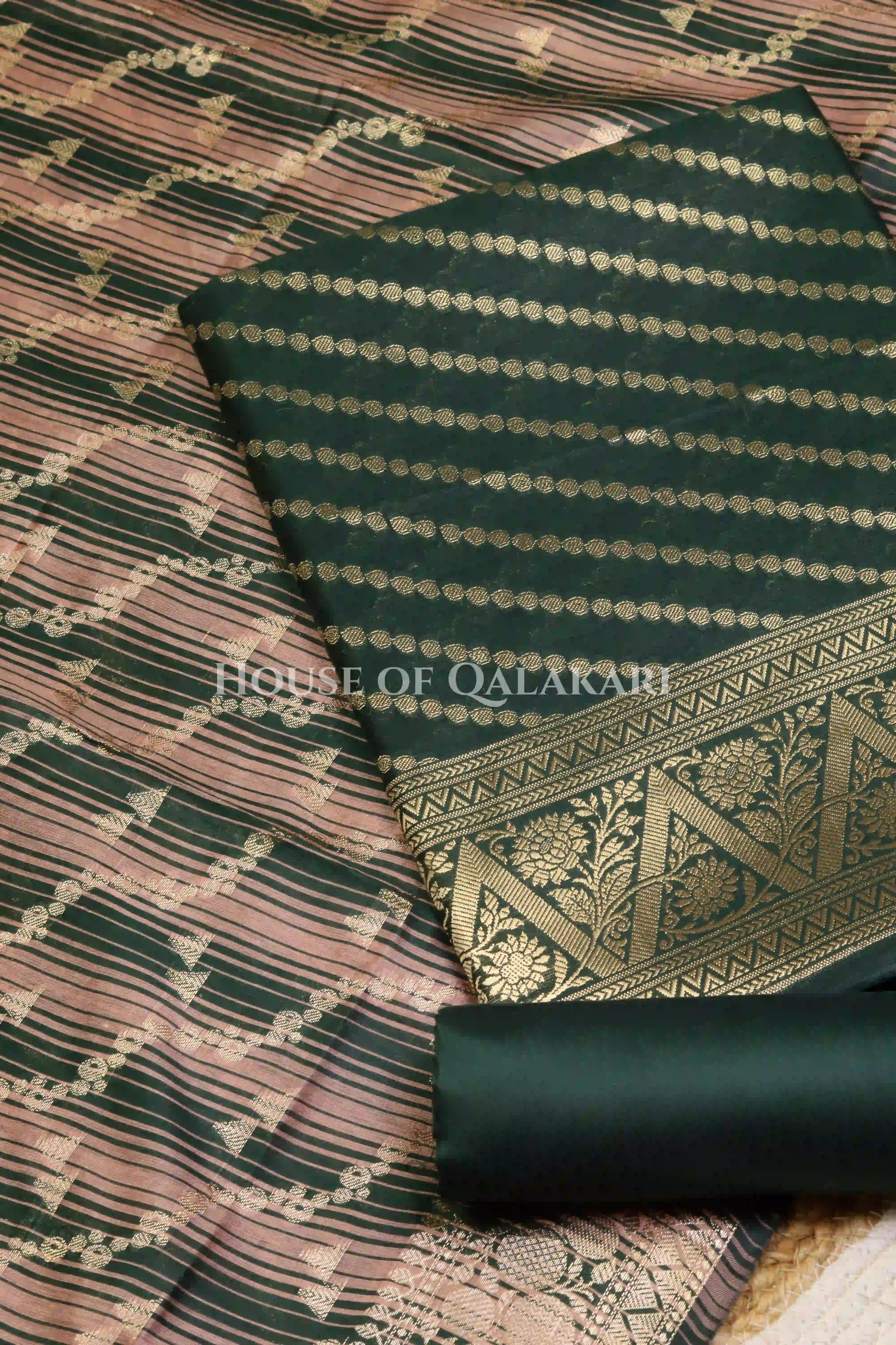 Banarasi Cotton Silk blend Unstitched Dress Material in Bottle Green and with Bandhani-Leheriya inspired work – product