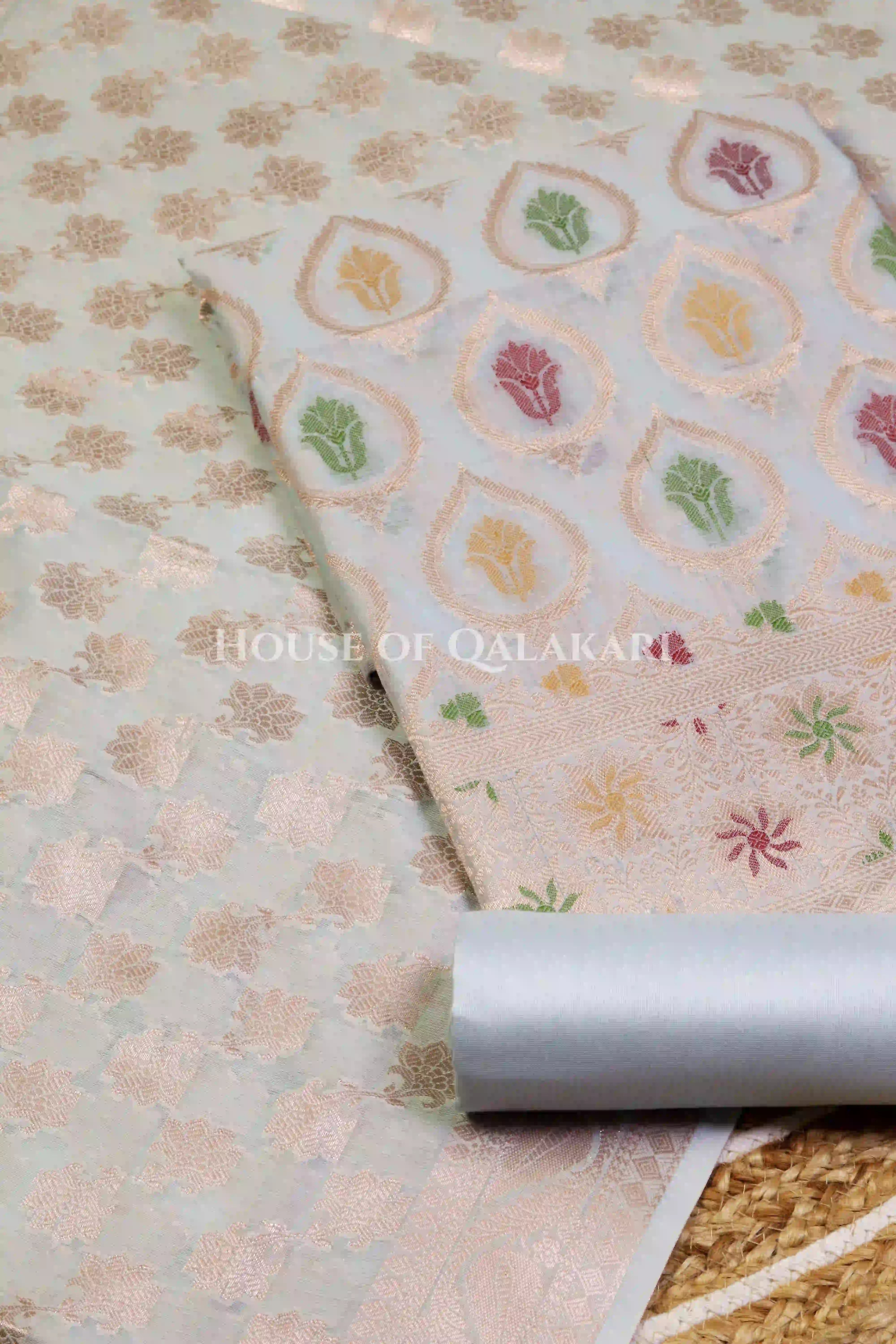 Banarasi Chanderi Cotton Unstitched Dress Material in Pale Silver and with matching floral vine jaal dupatta – product