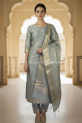 Banarasi Cotton Silk blend Unstitched Dress Material in Grey colour with Intricate Zari Diamond Buti – front pose