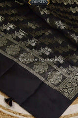 Banarasi silk Unstitched Dress Material in Black and with lotus floral border and diagonal striped zari work dupatta – dupatta