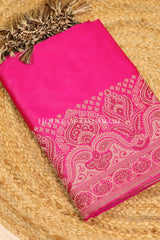 Banarasi Unstitched Dress Material in Rani Pink and with plain body and resham border and diagonally striped resham dupatta – kurta