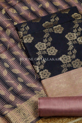 Banarasi Cotton Silk blend Unstitched Dress Material in navy blue and rose gold contrast with Intricate Zari Buti – product