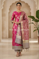 Banarasi Cotton Silk blend Unstitched Dress Material in rani pink and silver grey contrast with Intricate Zari Buti – front pose