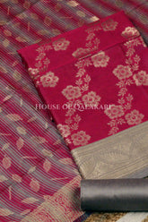 Banarasi Cotton Silk blend Unstitched Dress Material in rani pink and silver grey contrast with Intricate Zari Buti – product