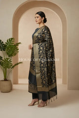 Banarasi silk Unstitched Dress Material in grey and black contrast with Intricate Zari Buti – side pose