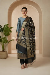 Banarasi silk Unstitched Dress Material in grey and black contrast with Intricate Zari Buti – front pose