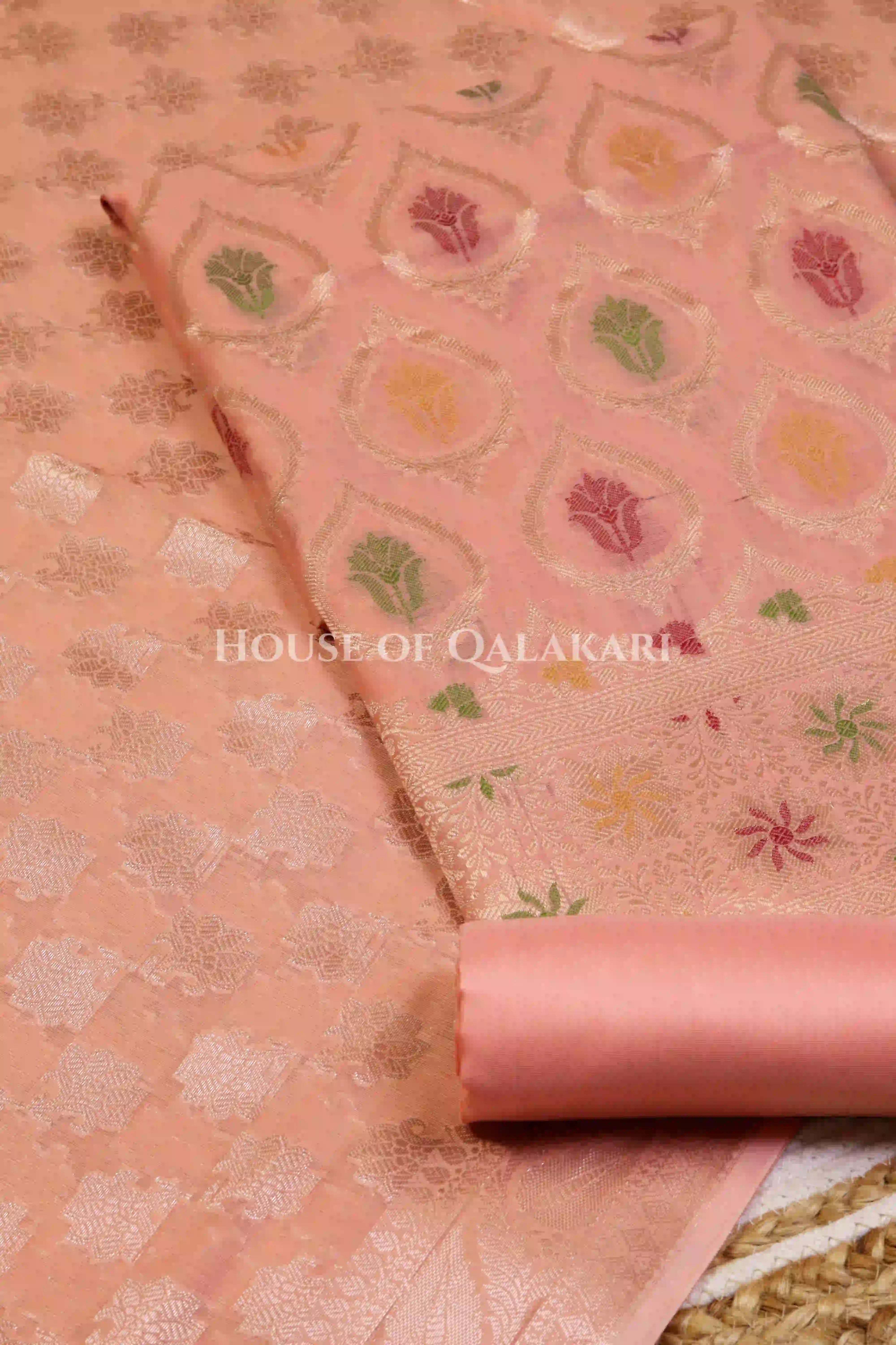 Banarasi Chanderi Cotton Unstitched Dress Material in Peach and with matching floral vine jaal dupatta – product
