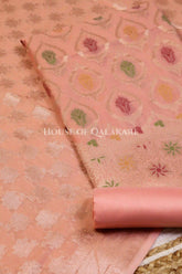 Banarasi Chanderi Cotton Unstitched Dress Material in Peach and with matching floral vine jaal dupatta – product