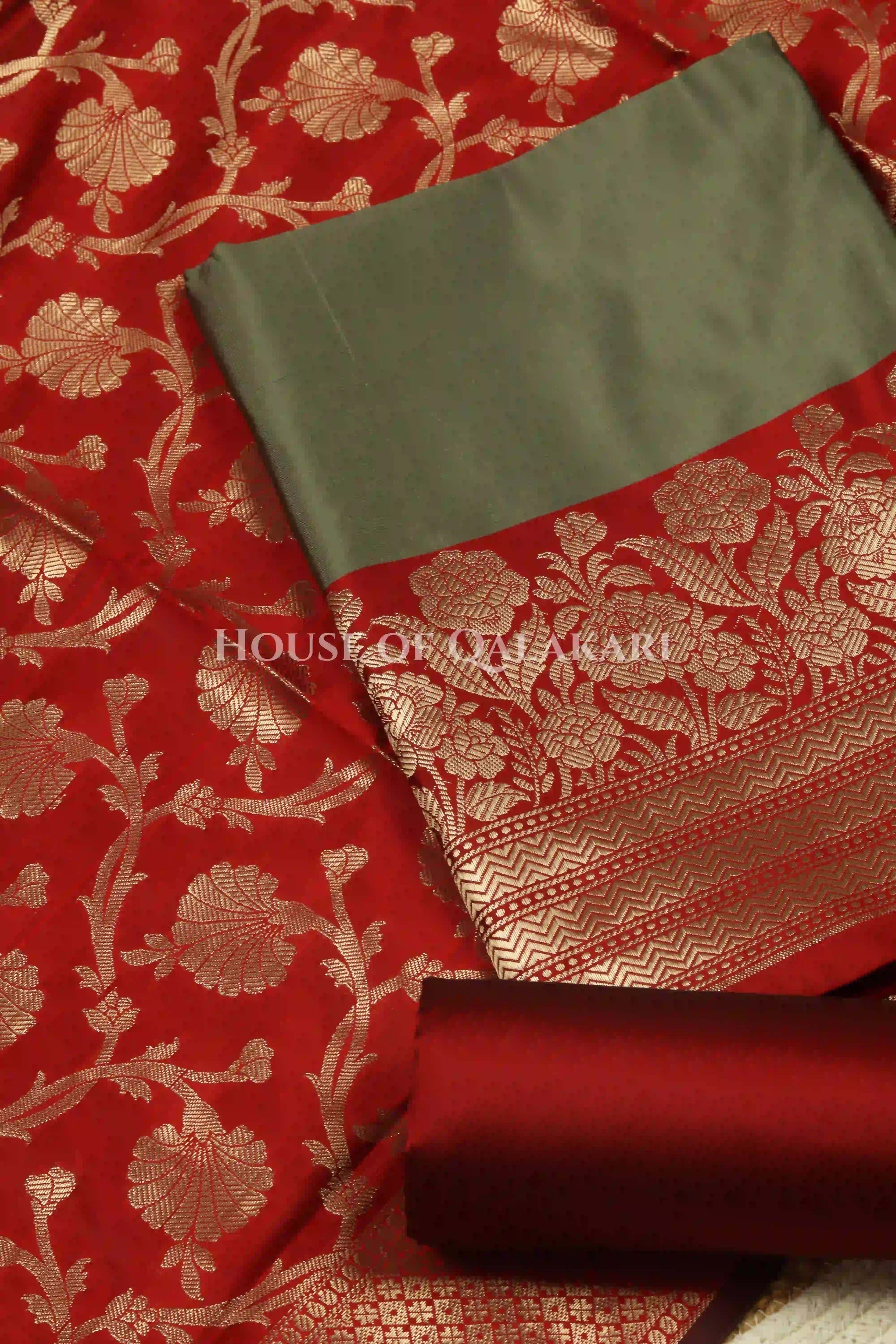 Banarasi silk Unstitched Dress Material in grey and red contrast with Intricate Zari Buti – product