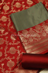 Banarasi silk Unstitched Dress Material in grey and red contrast with Intricate Zari Buti – product