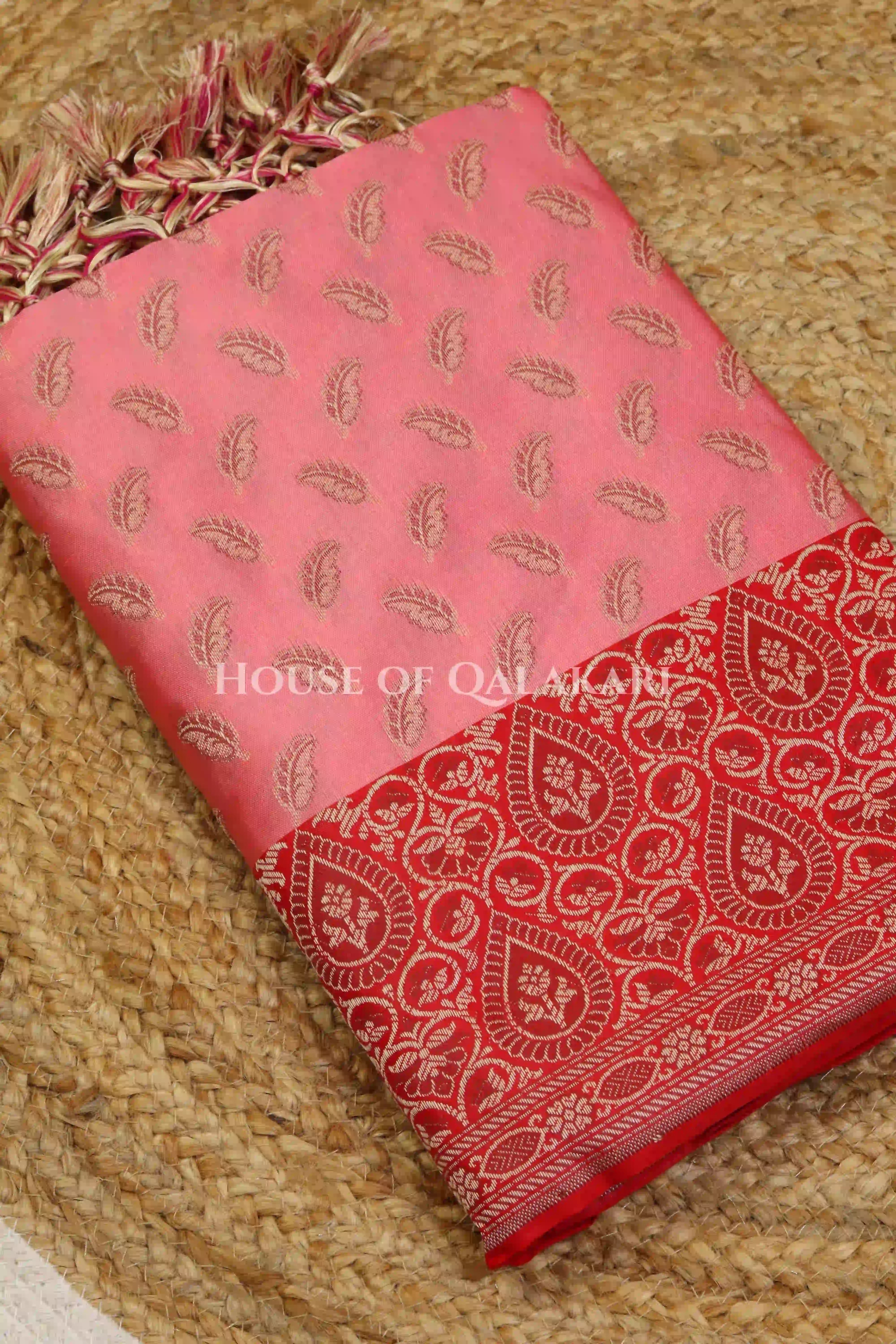 Banarasi Unstitched Dress Material in Rose Pink and with all over leaf buti and resham border along with floral resham jaal dupatta – product