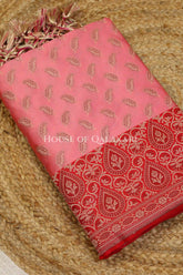 Banarasi Unstitched Dress Material in Rose Pink and with all over leaf buti and resham border along with floral resham jaal dupatta – product