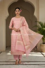 Banarasi Chanderi Cotton Unstitched Dress Material in Blush Pink with intricate Zari Buti work – festive