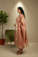 Banarasi Unstitched Dress Material in Brown Rust diamond Chokdi resham work kurta and zari border – side pose