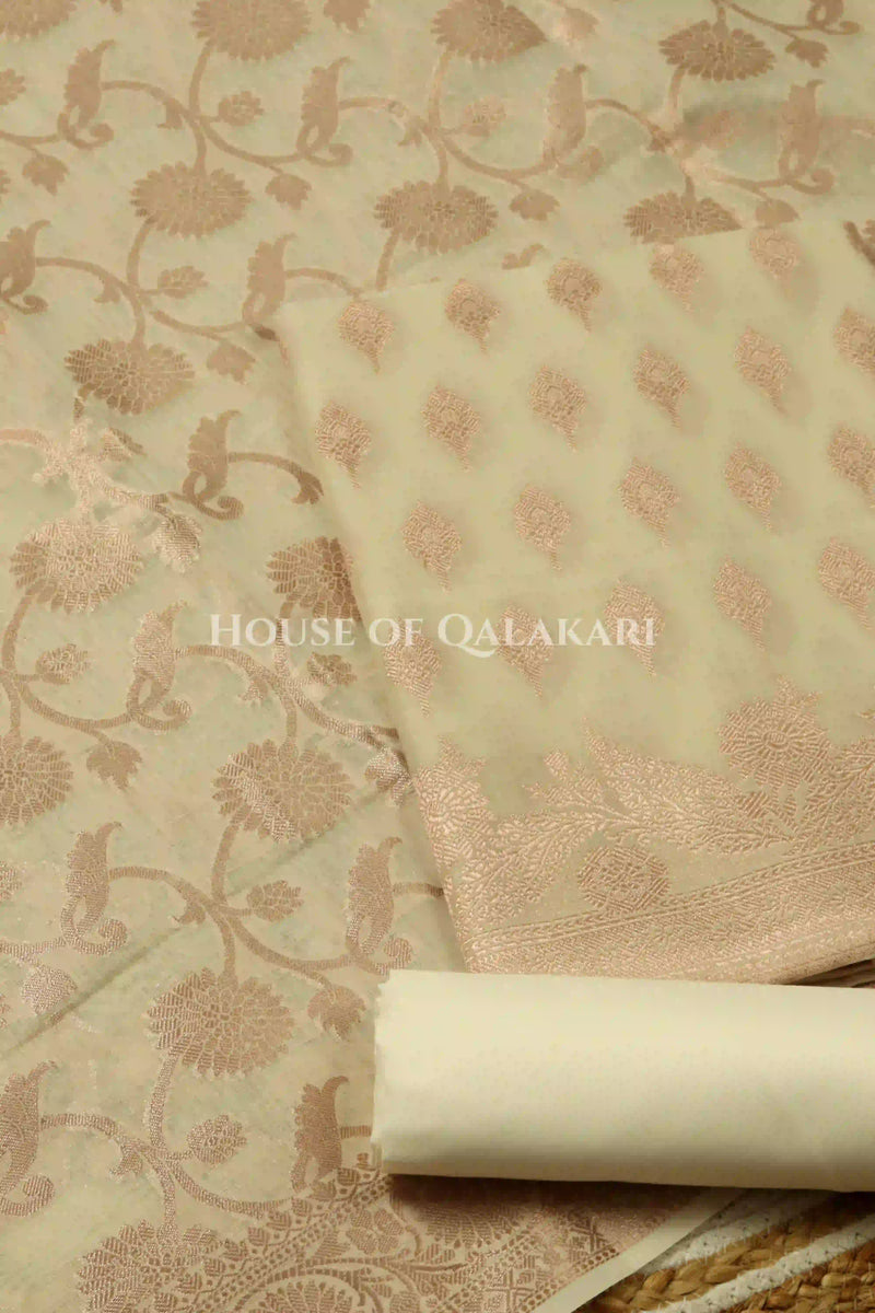 Banarasi Chanderi Cotton Unstitched Dress Material in Cream with intricate Zari Buti work – product