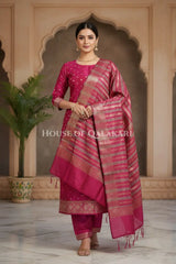 Banarasi Cotton Silk blend Unstitched Dress Material in Pink and with gol buti( Polka dots) inspired work – front pose