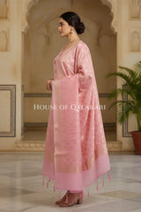 Banarasi Chanderi Cotton Unstitched Dress Material in Light Pink and with matching floral vine jaal dupatta – side pose