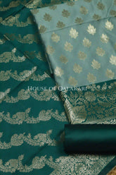 Banarasi Silk Unstitched Dress Material in Blue Grey and Deep Bluish Green contrast with Intricate Zari Buti – product