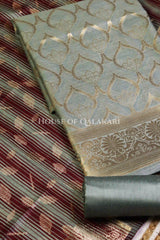 Banarasi Cotton Silk blend Unstitched Dress Material in Cement Grey and with contrast Dark brown-Cement Grey striped dupatta – product